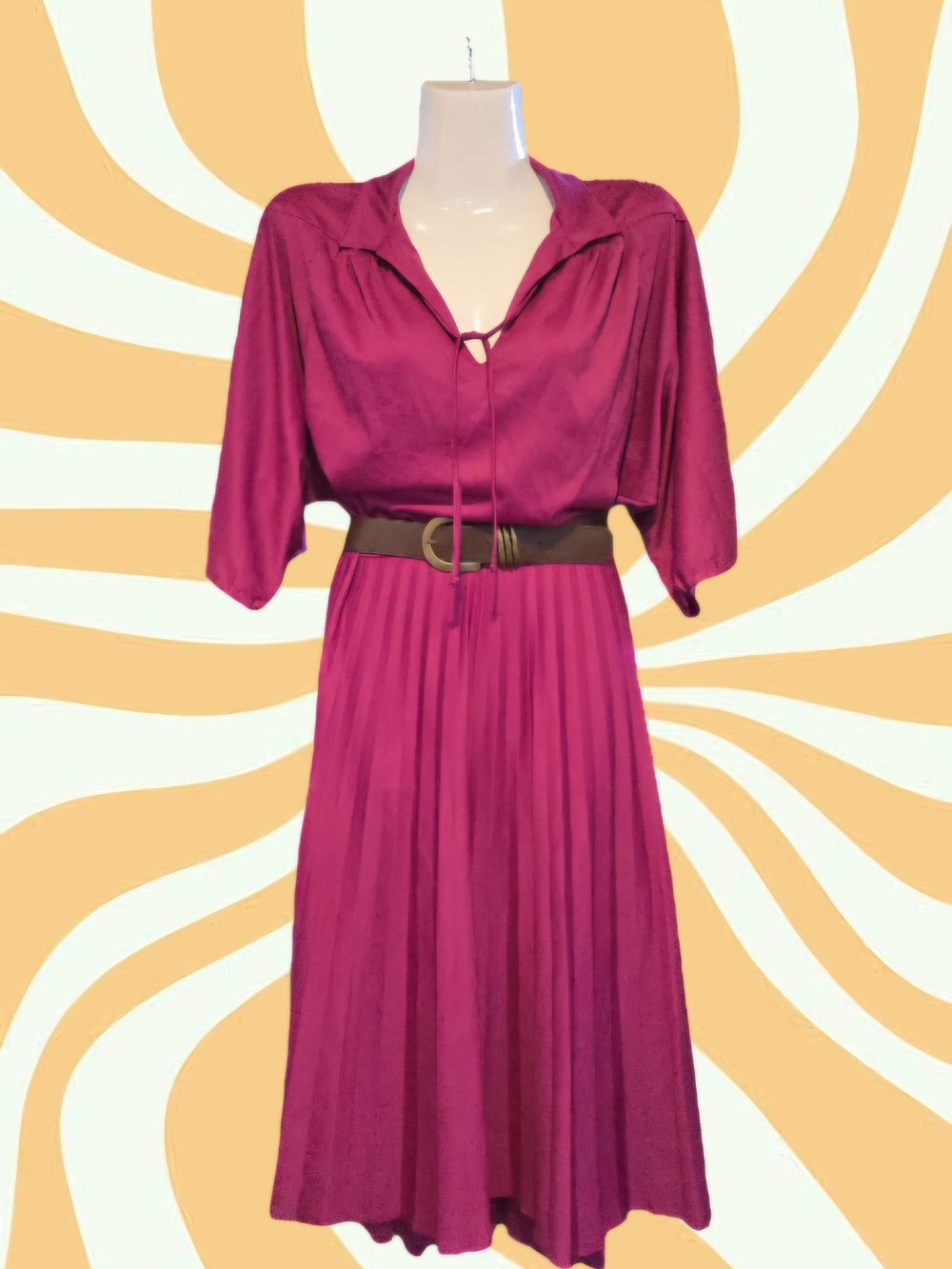 Women's Fuchsia Pleated Midi Dress with Belt